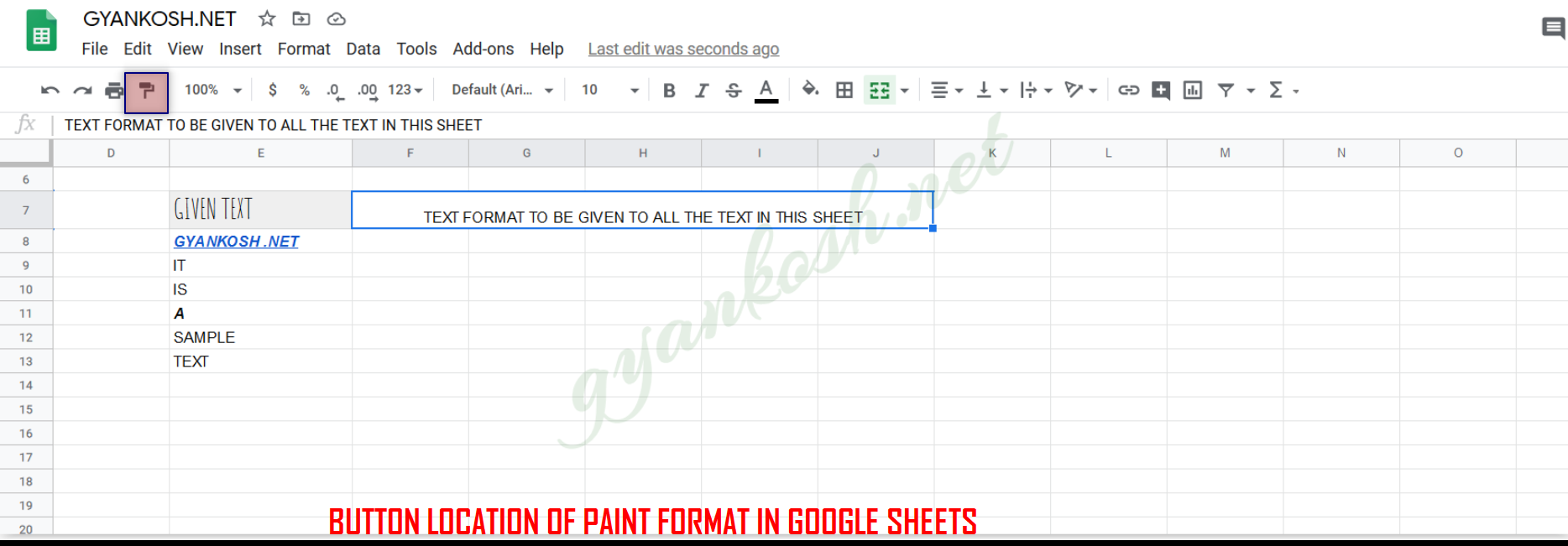 button location of format painter in google sheets