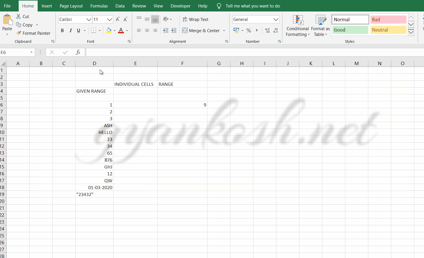 Example showing count function in excel