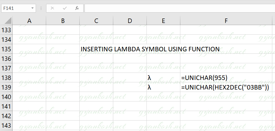 type lambda symbol using unichar function in excel