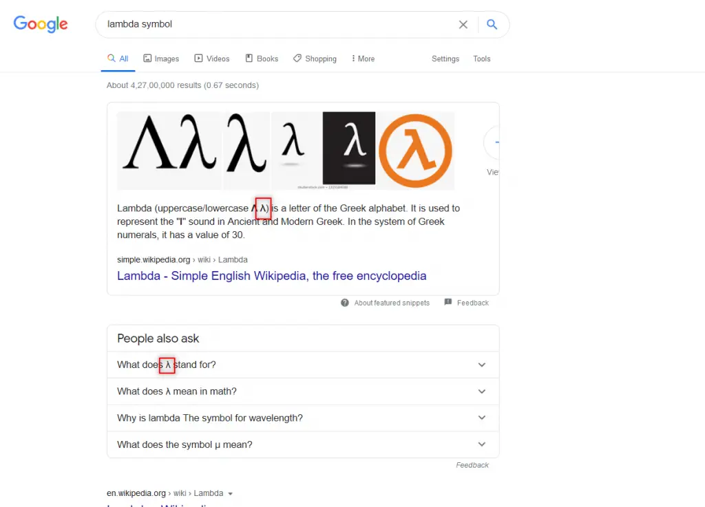 lambda symbol in excel using google