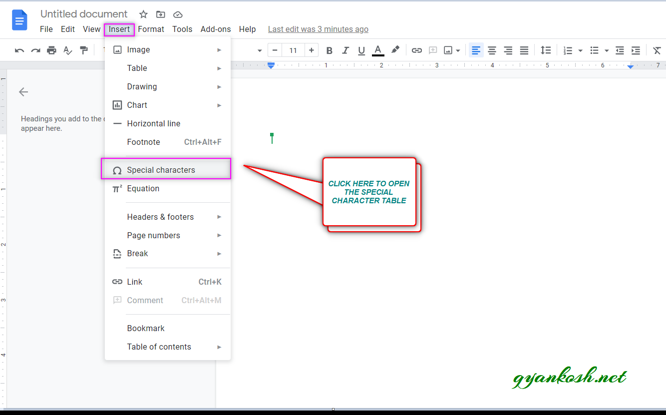 menu location of special characters to insert delta symbol in google sheets