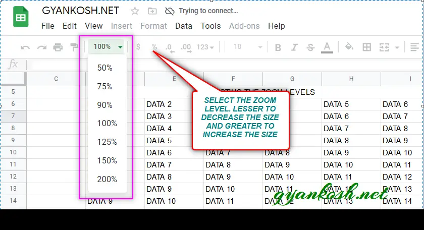 GOOGLE SHEETS OPTION TO ZOOM OUT ON GOOGLE SHEETS